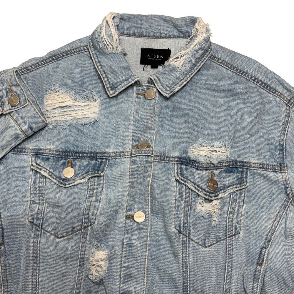 Risen Distressed Denim Jacket Womens Small Light Wash Raw Hem Destroyed RDJ210